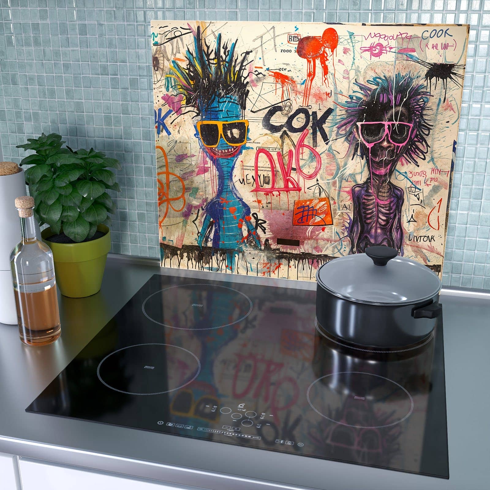 1-teilige Herdabdeckplatte für Ceranfeld mit Graffiti Tiere-Motiv als Spritzschutz