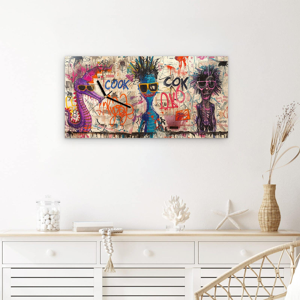 Wanduhr Graffiti Tiere aus Glas – Querformat 60 × 30 cm – Coole Figuren mit Sonnenbrillen