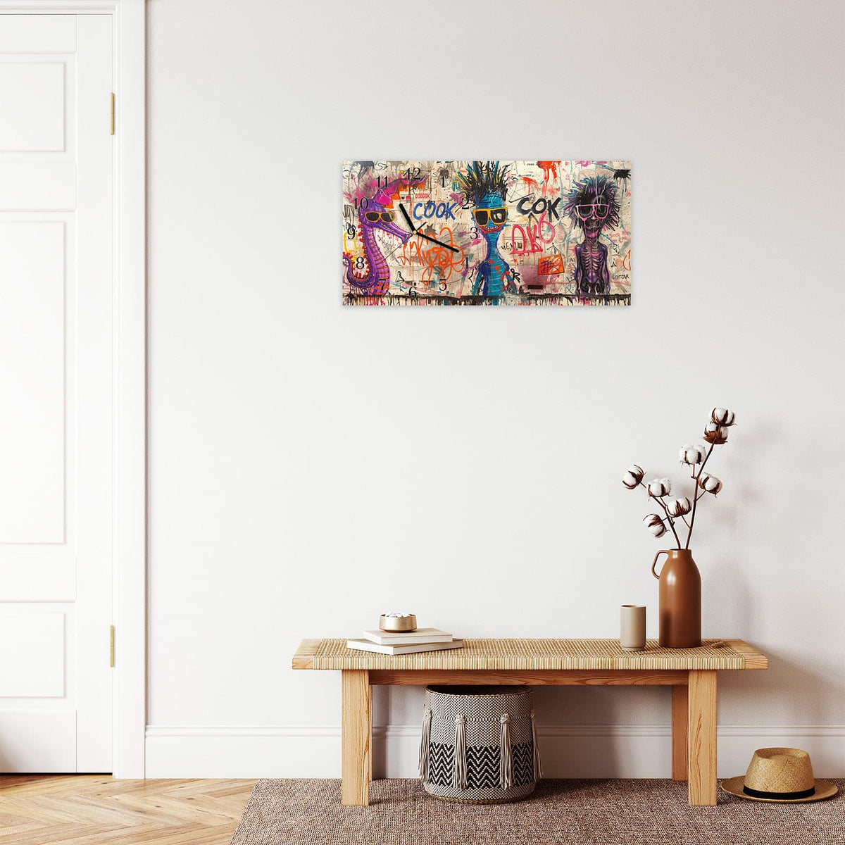 Moderne Wanduhr aus Glas mit Farbtiefe – Wanduhr Graffiti Tiere aus Glas – Querformat 60 × 30 cm