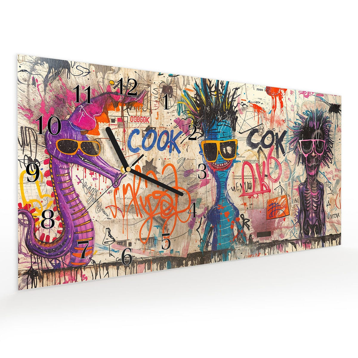 Vormontiert – mit Schwebeeffekt – Wanduhr Graffiti Tiere aus Glas – Querformat 60 × 30 cm