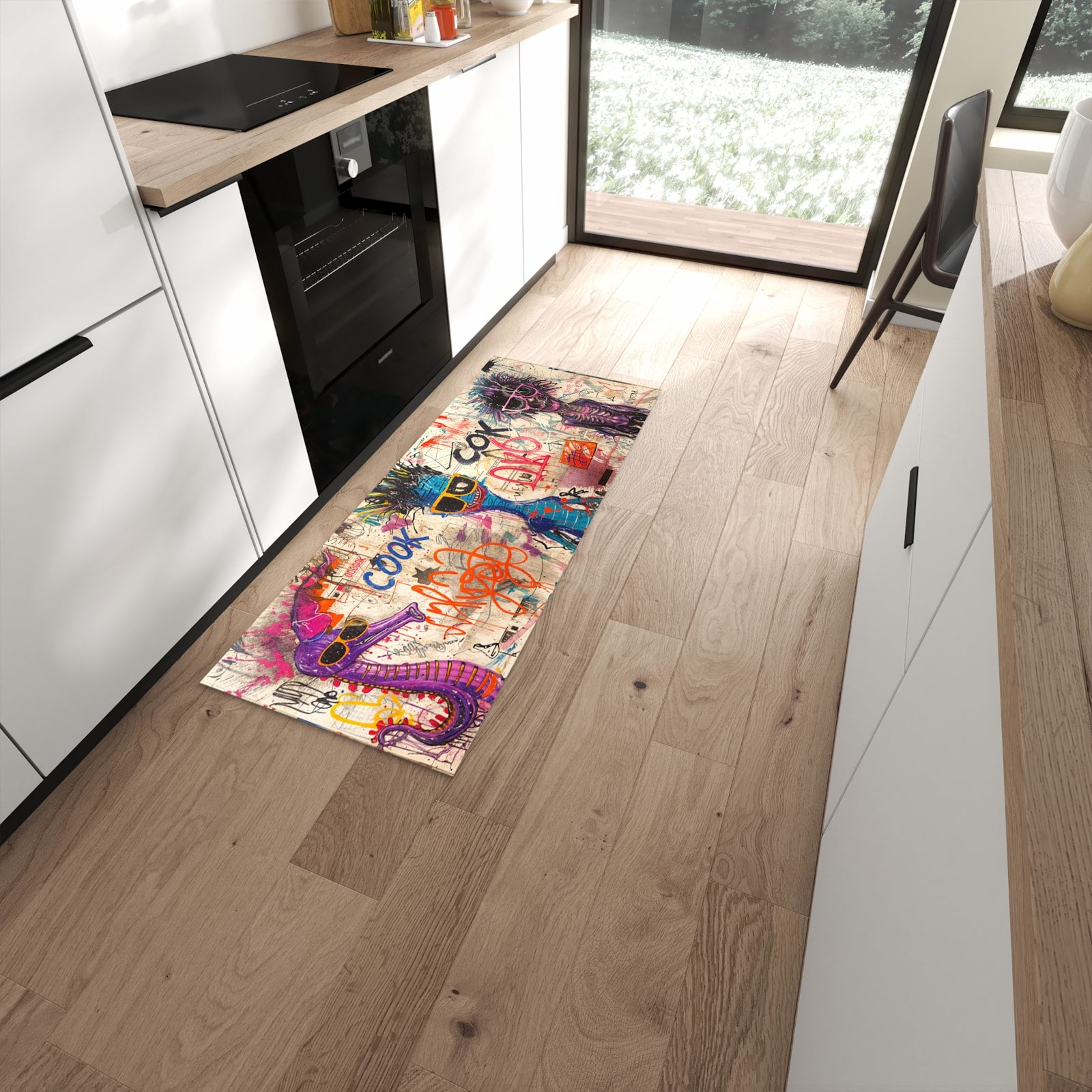 Schmutzabweisender Küchenteppich mit Motiv Graffiti Tiere in moderner Küche #grösse_60 x 150 cm