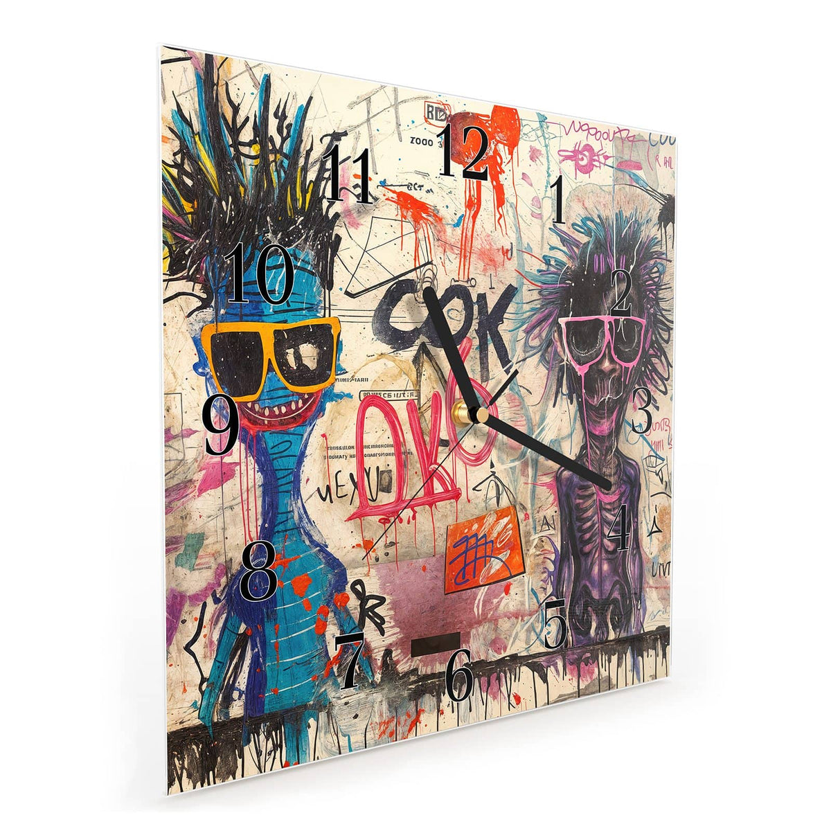 Quadratische Wanduhr aus Glas Graffiti-Figuren schräg von der Seite, 4 mm starkes Glas