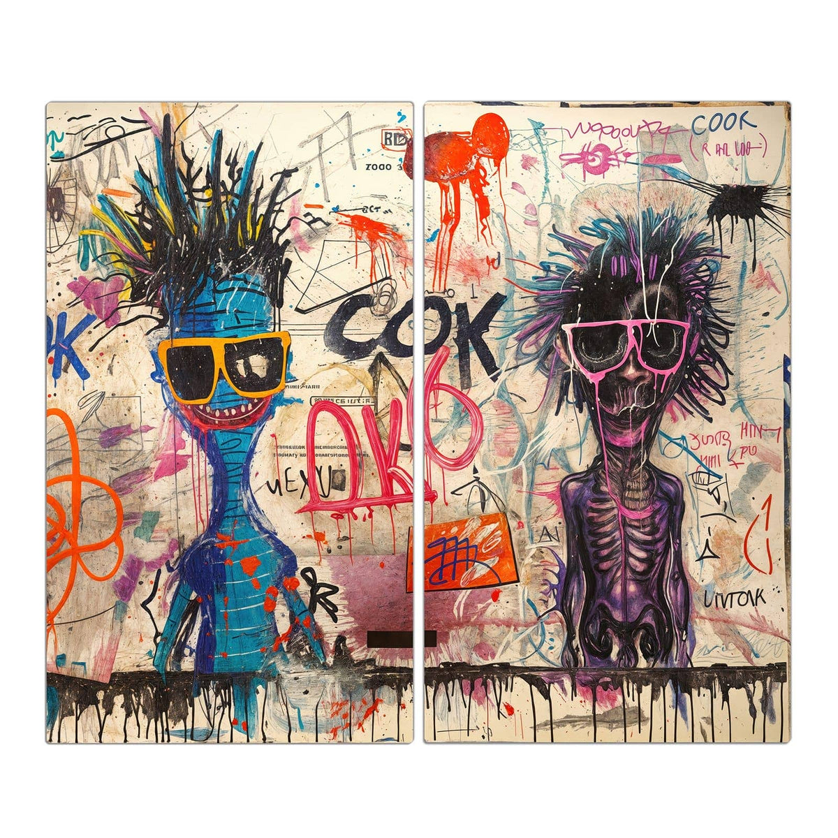 Graffitiwand mit zwei Comicfiguren mit Sonnenbrillen, eine blau, eine violett und skelettartig, Sprayschriften