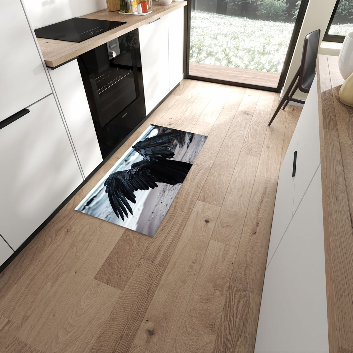 Feuchtigkeitsresistenter Teppichläufer mit Motiv Geflügelter Wanderer in moderner Küche #grösse_60 x 120 cm