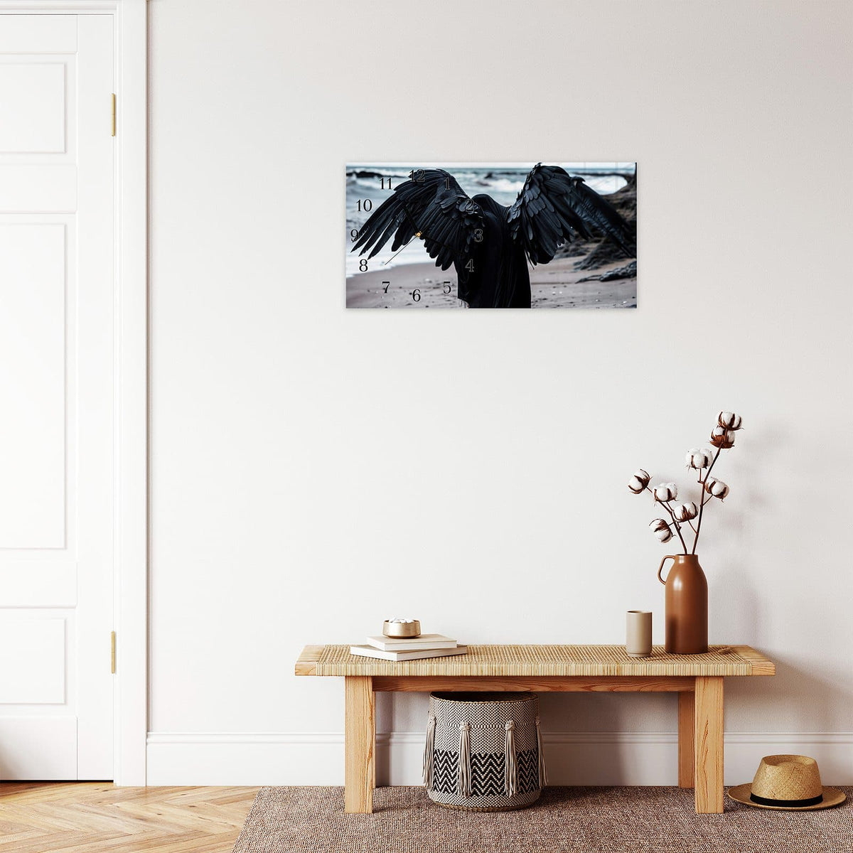 Moderne Wanduhr aus Glas mit Farbtiefe – Wanduhr Geflügelter Wanderer aus Glas – Querformat 60 × 30 cm