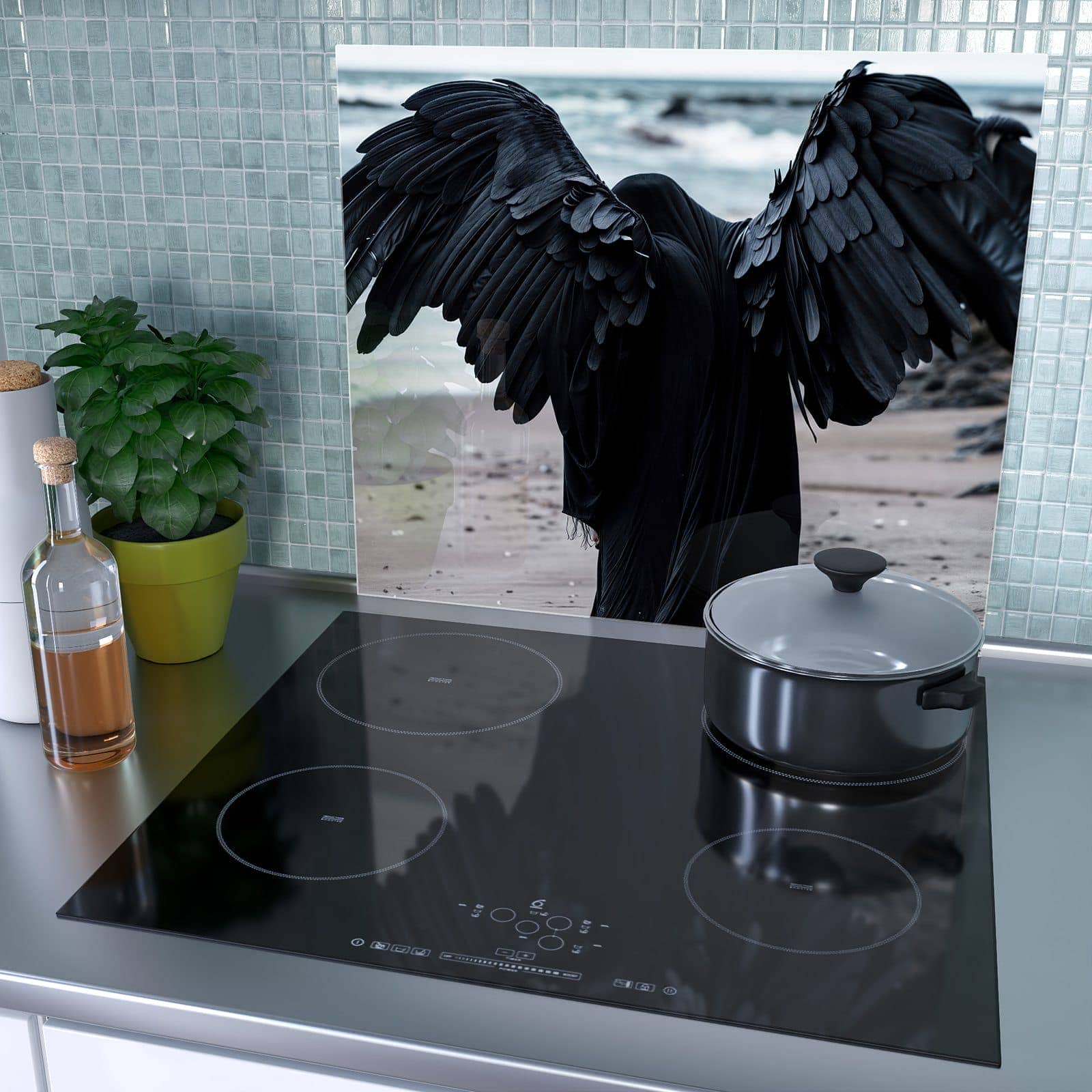 1-teilige Abdeckplatten für Ceranfeld mit Geflügelter Wanderer-Motiv als Spritzschutz hinter dem Kochfeld