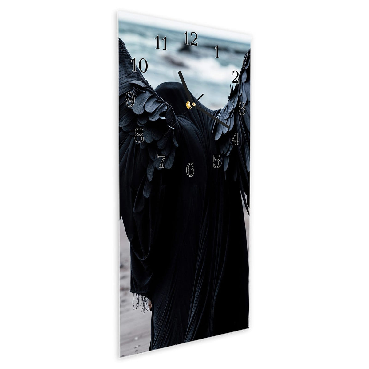 Vormontiert – mit Schwebeeffekt – Wanduhr Geflügelter Wanderer aus Glas – Hochformat 30 × 60 cm
