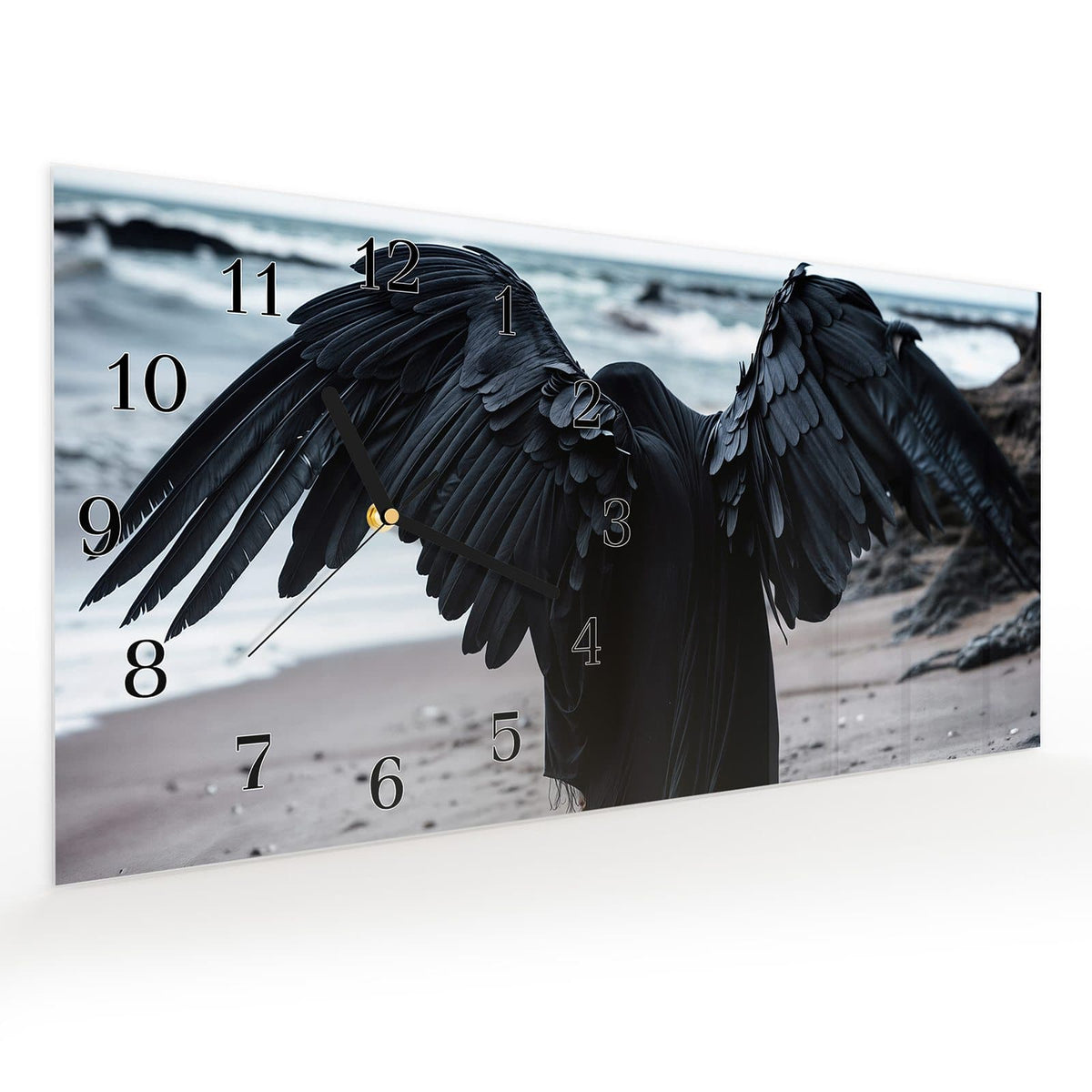 Vormontiert – mit Schwebeeffekt – Wanduhr Geflügelter Wanderer aus Glas – Querformat 60 × 30 cm