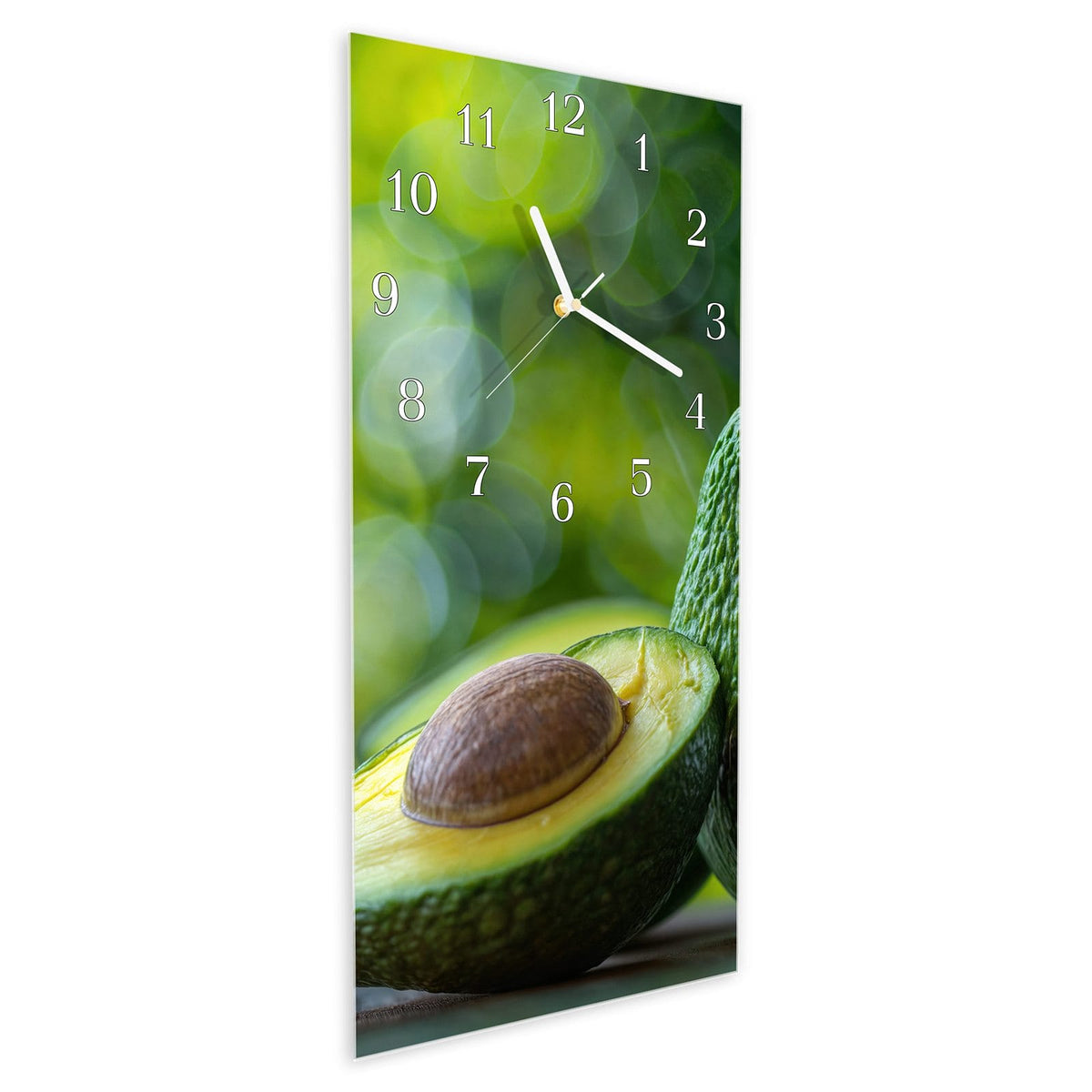 Vormontiert – mit Schwebeeffekt – Wanduhr Avocado Anschnitt aus Glas – Hochformat 30 × 60 cm