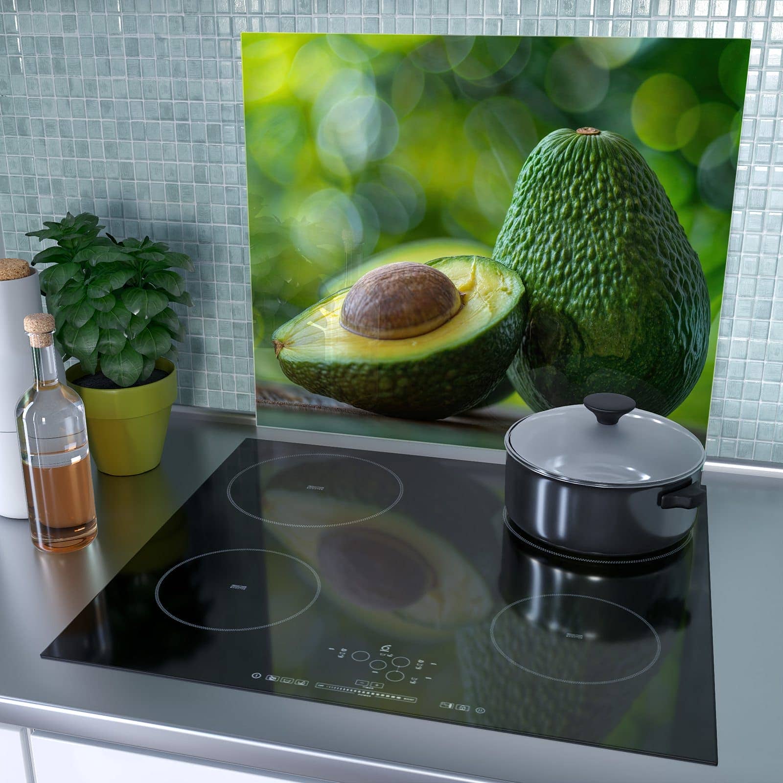 1-teilige Herdabdeckplatte mit Avocado Anschnitt-Motiv als Spritzschutz hinter dem Kochfeld