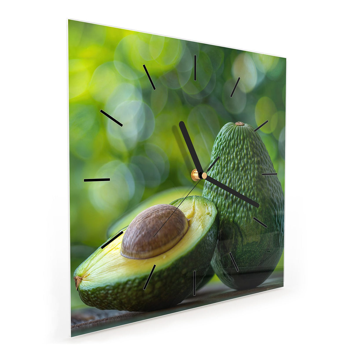 Quadratische Wanduhr aus Glas Halbierte Avocado schräg von der Seite, 4 mm starkes Glas