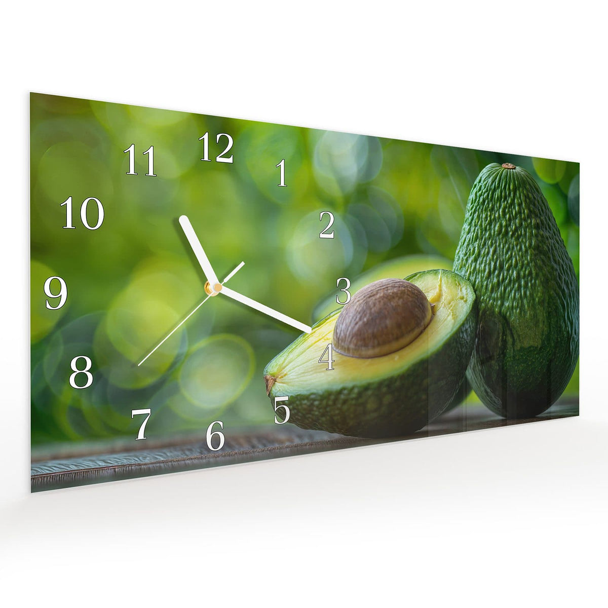 Vormontiert – mit Schwebeeffekt – Wanduhr Avocado Anschnitt aus Glas – Querformat 60 × 30 cm