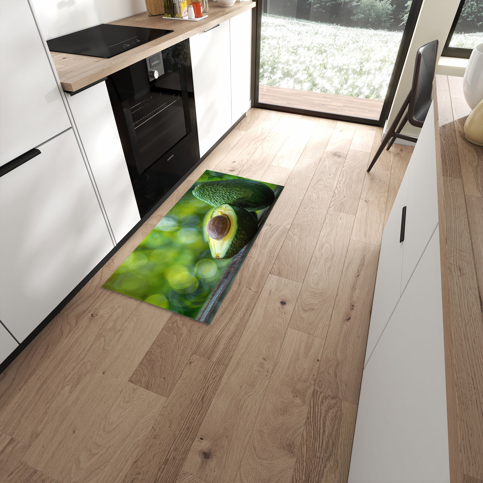 Geruchsneutraler Küchenteppich mit Motiv Avocado Anschnitt in moderner Küche #grösse_60 x 120 cm