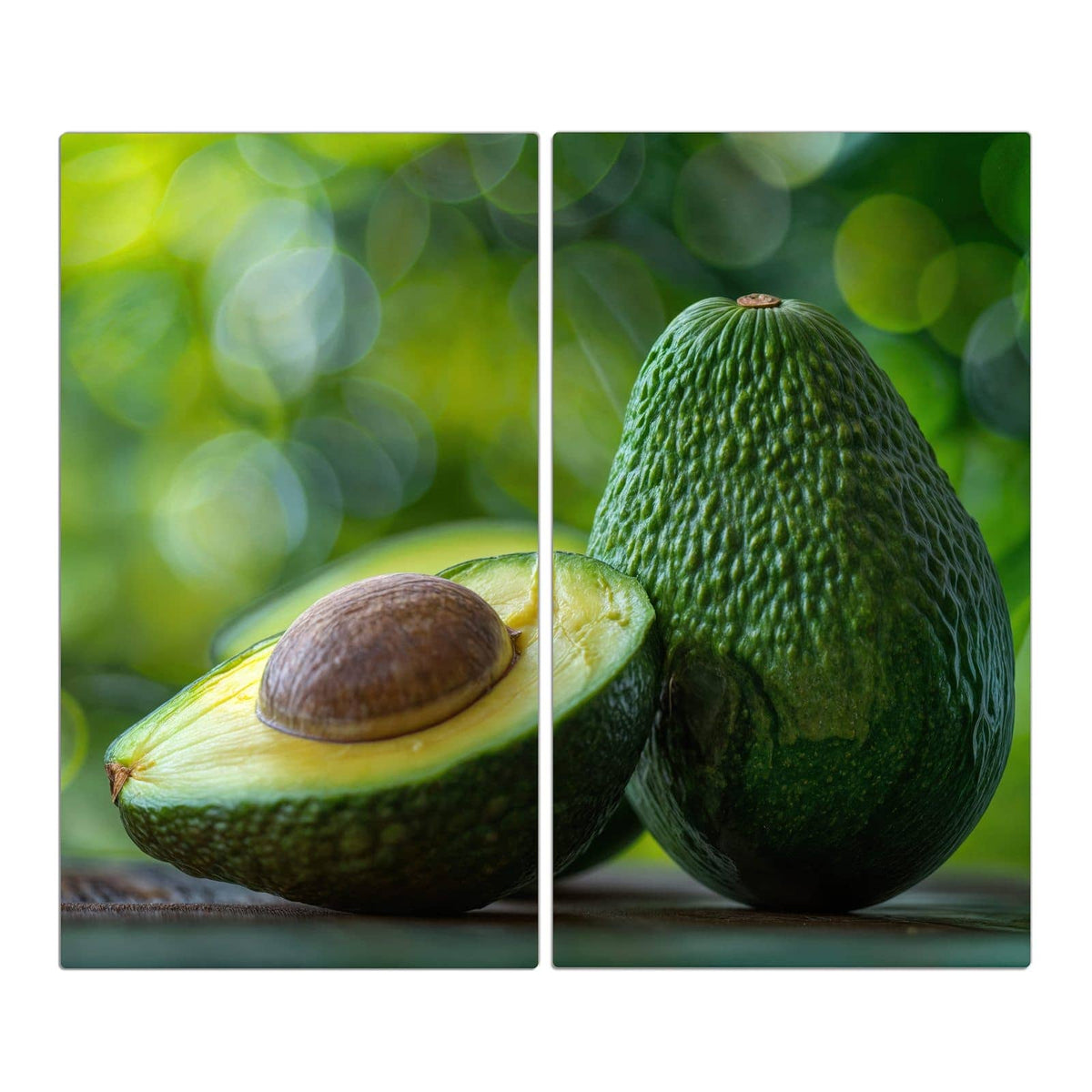 Halbierte Avocado mit Kern vor einer ganzen Avocado, grünes Bokeh im Hintergrund