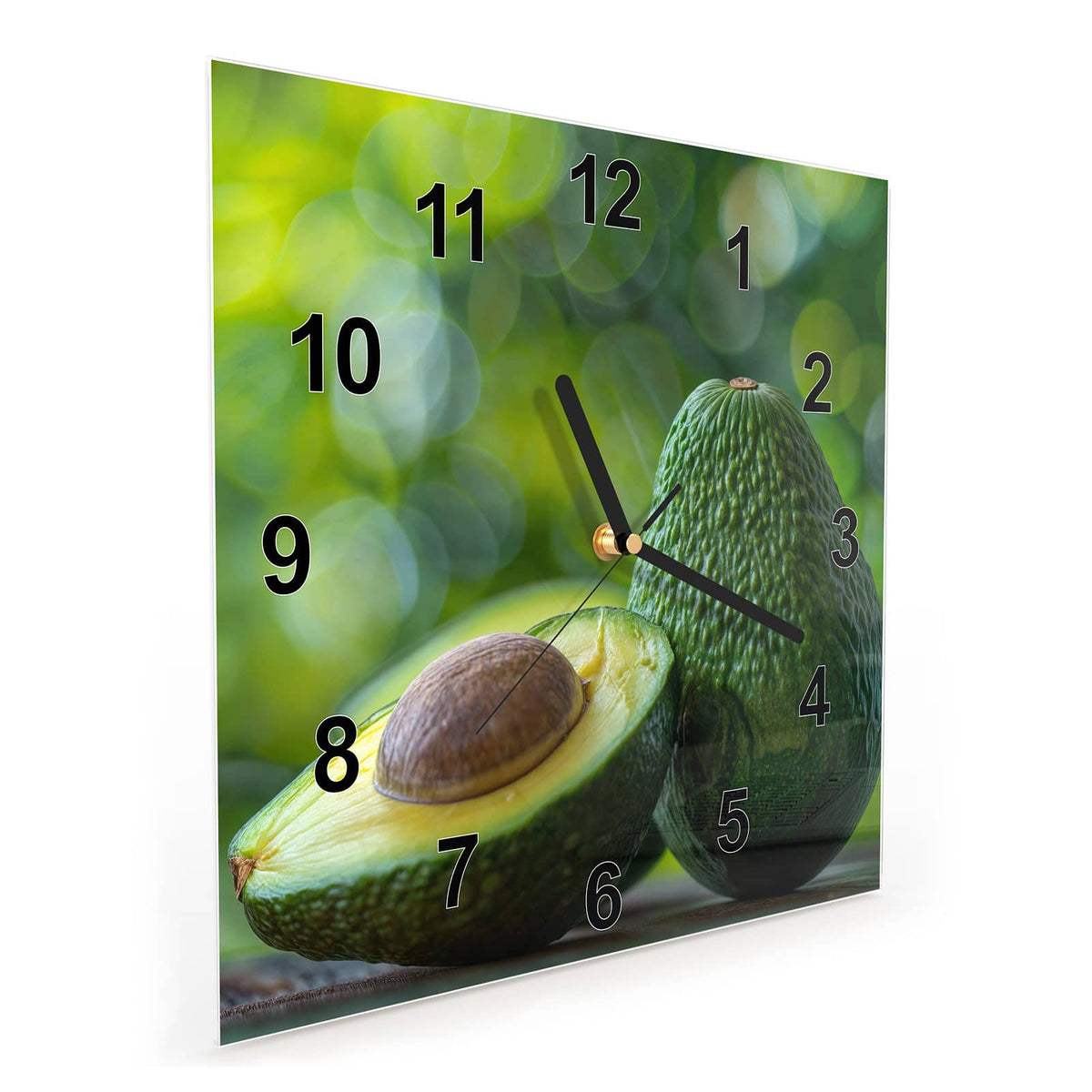 Quadratische Wanduhr aus Glas Halbierte Avocado schräg von der Seite, 4 mm starkes Glas