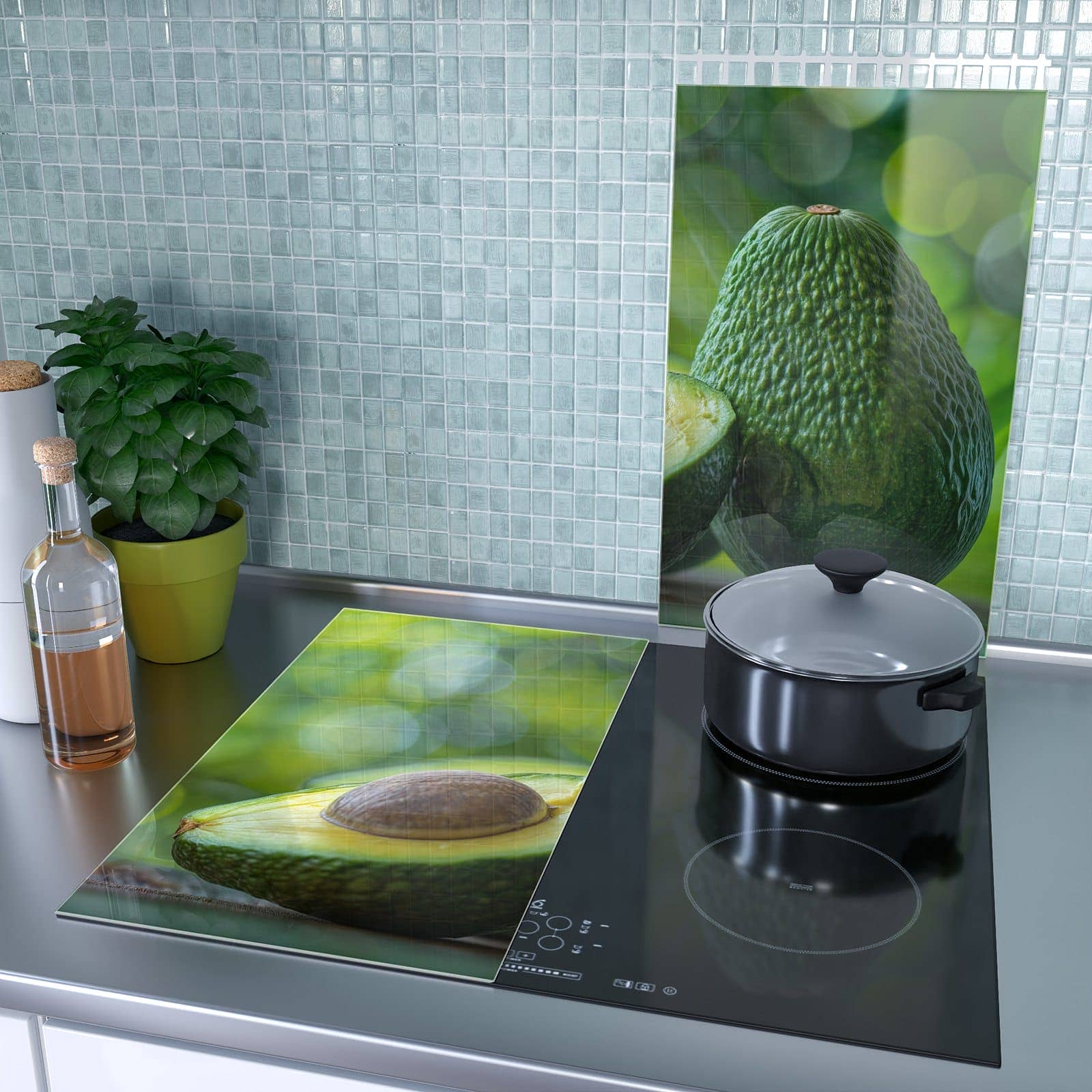 2-teilige Herdabdeckplatten für Ceranfeld mit Avocado Anschnitt-Motiv als Spritzschutz hinter dem Kochfeld