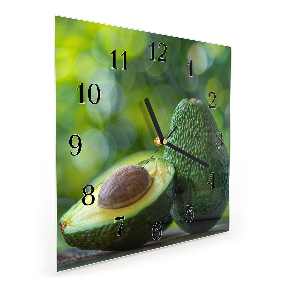 Quadratische Wanduhr aus Glas Halbierte Avocado schräg von der Seite, 4 mm starkes Glas