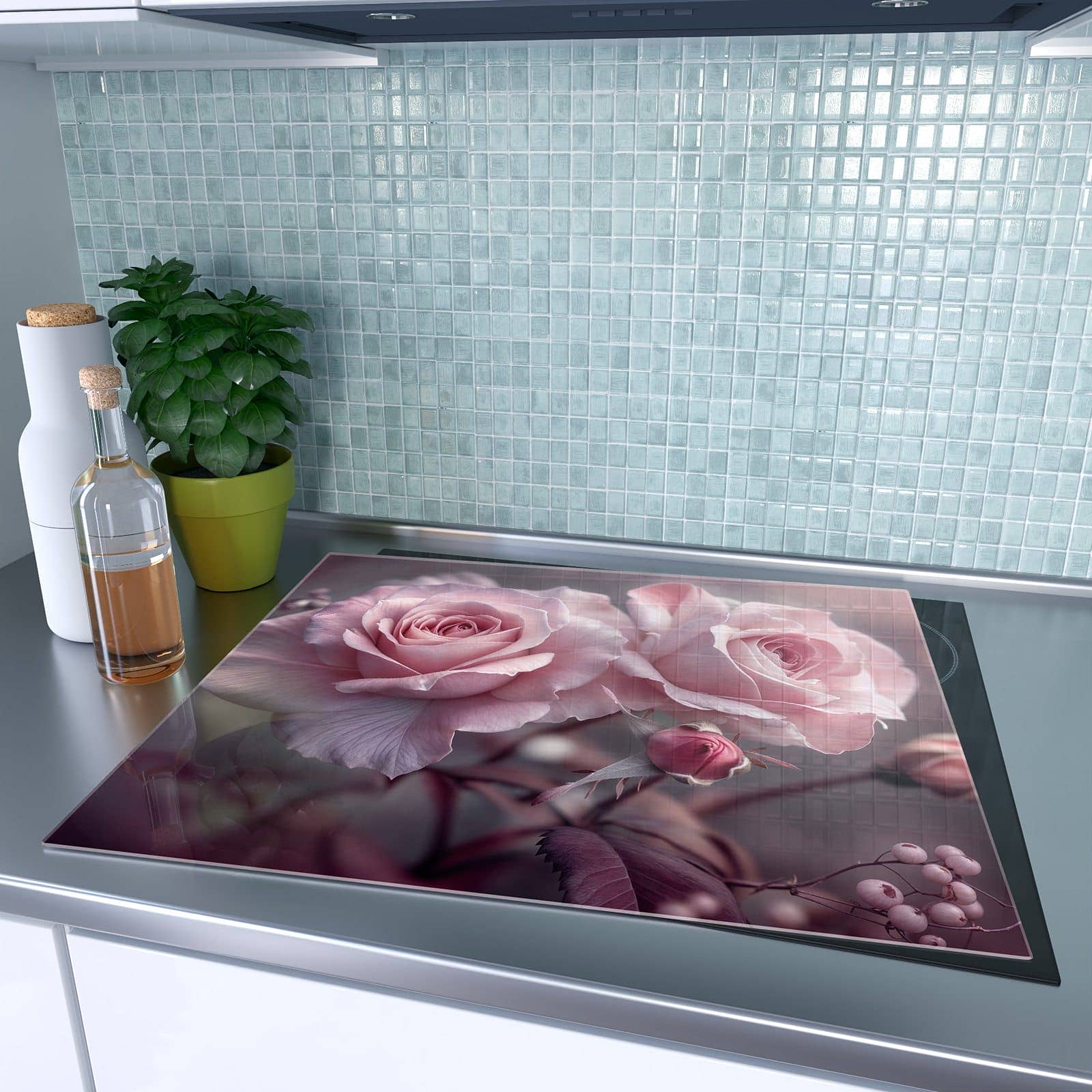 1-teilige Herdabdeckplatte Induktion mit Romantische Rosen-Motiv auf dem Ceranfeld