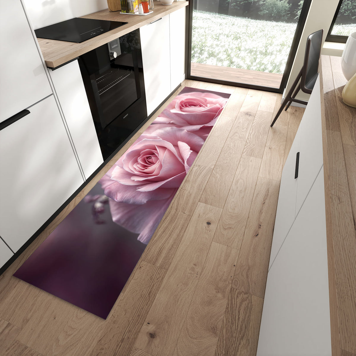 Sicherer Küchenläufer mit Motiv Romantische Rosen in moderner Küche