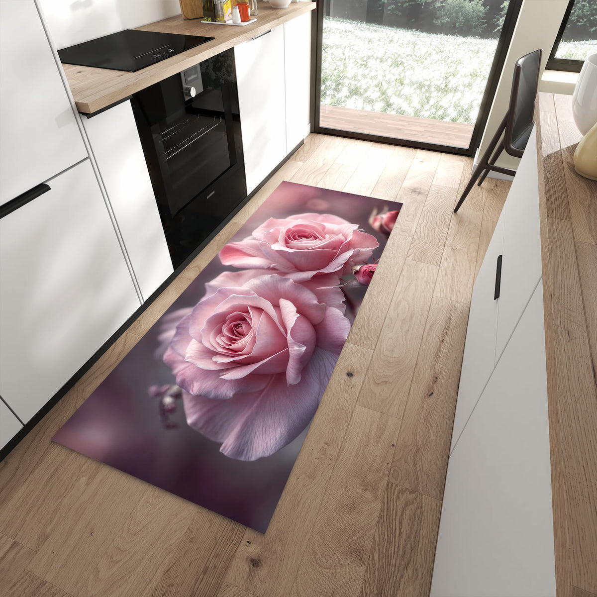 Abriebfester moderner Küchenläufer mit Motiv Romantische Rosen in moderner Küche