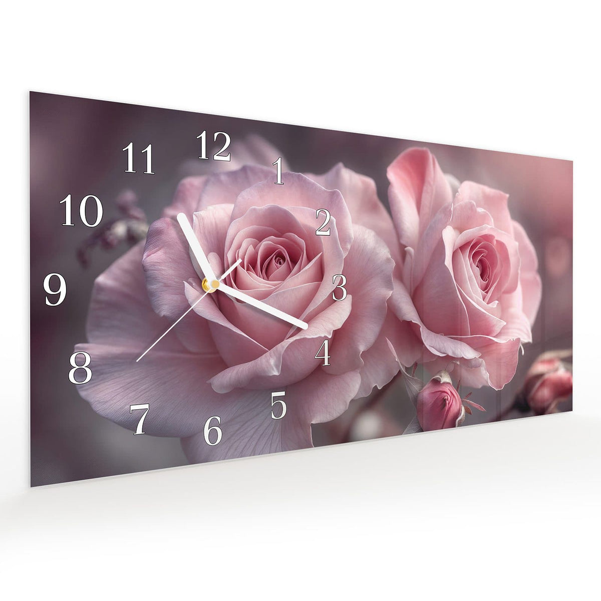 Vormontiert – mit Schwebeeffekt – Wanduhr Romantische Rosen aus Glas – Querformat 60 × 30 cm