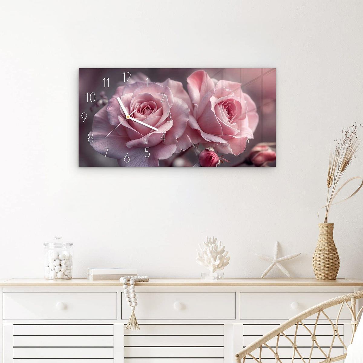 Wanduhr Romantische Rosen aus Glas – Querformat 60 × 30 cm – Zwei üppige Rosen in Pastell