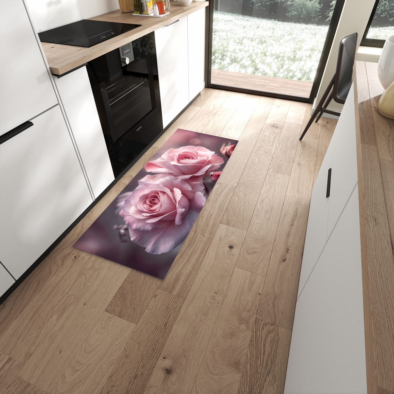 Bodenschonender rutschfester Küchenläufer mit Motiv Romantische Rosen in moderner Küche #grösse_60 x 150 cm