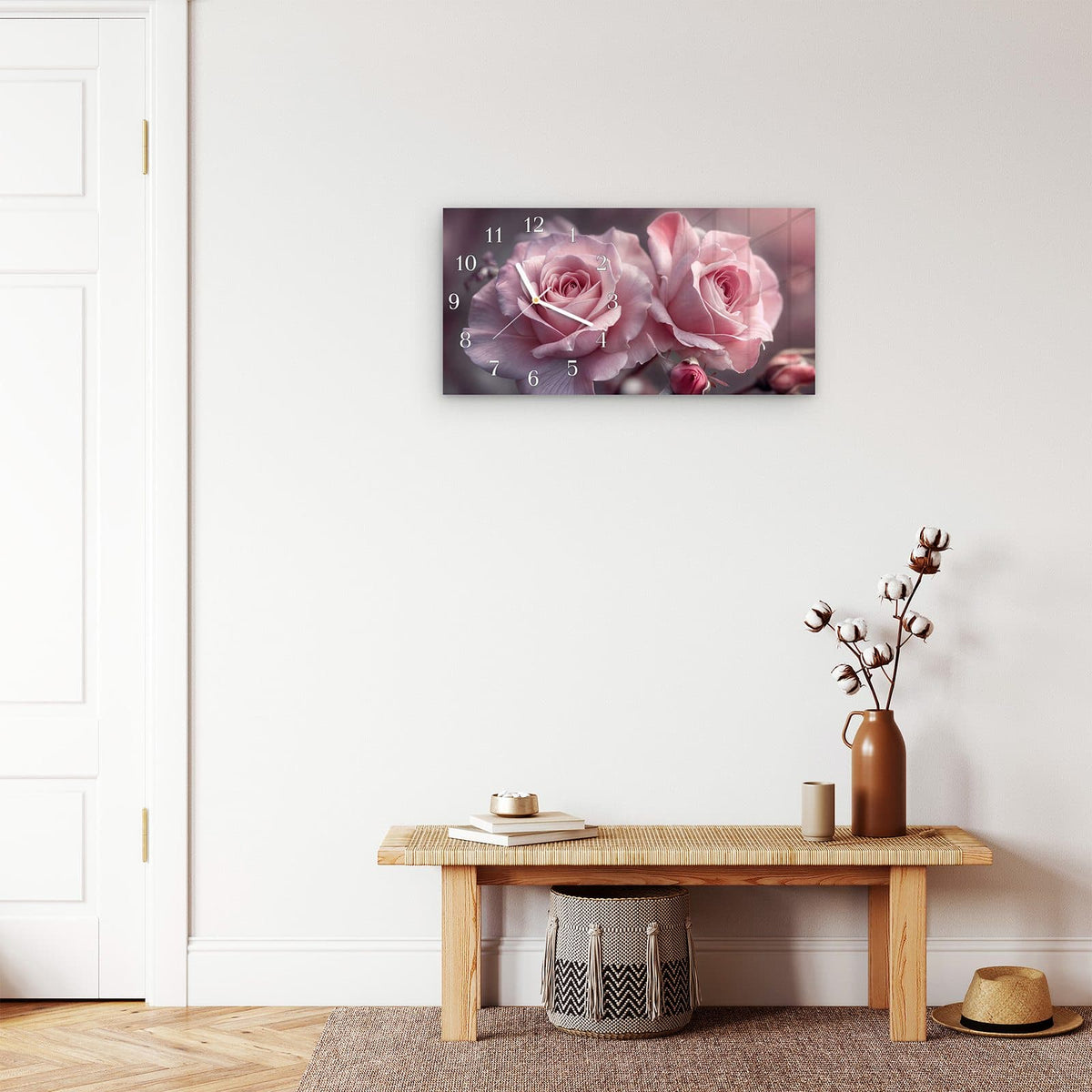 Moderne Wanduhr aus Glas mit Farbtiefe – Wanduhr Romantische Rosen aus Glas – Querformat 60 × 30 cm