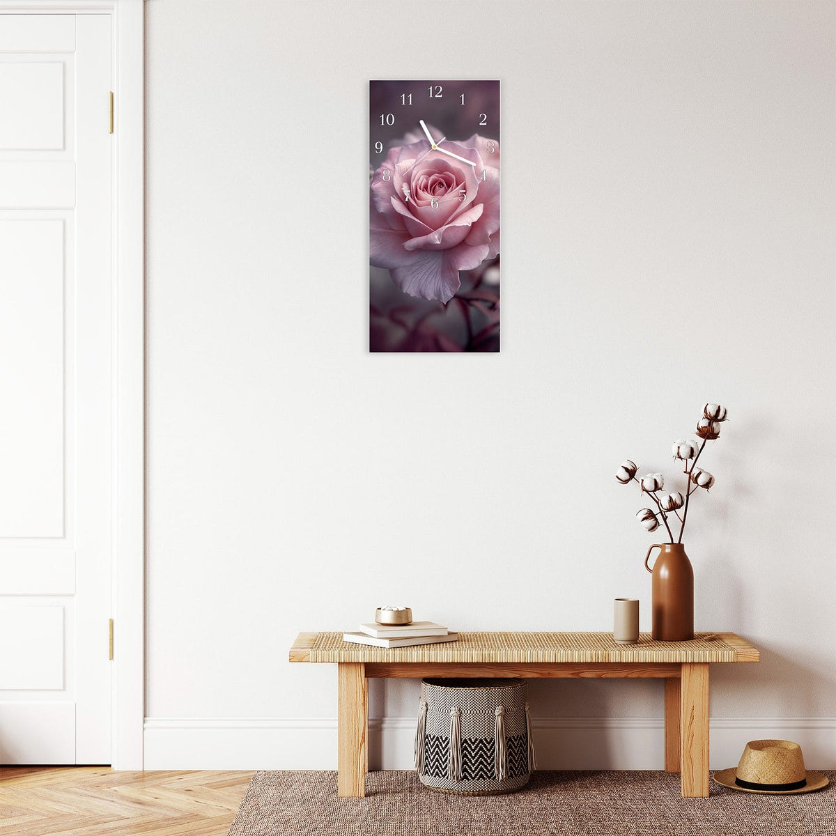 Moderne Wanduhr aus Glas mit Farbtiefe – Wanduhr Romantische Rosen aus Glas – Hochformat 30 × 60 cm