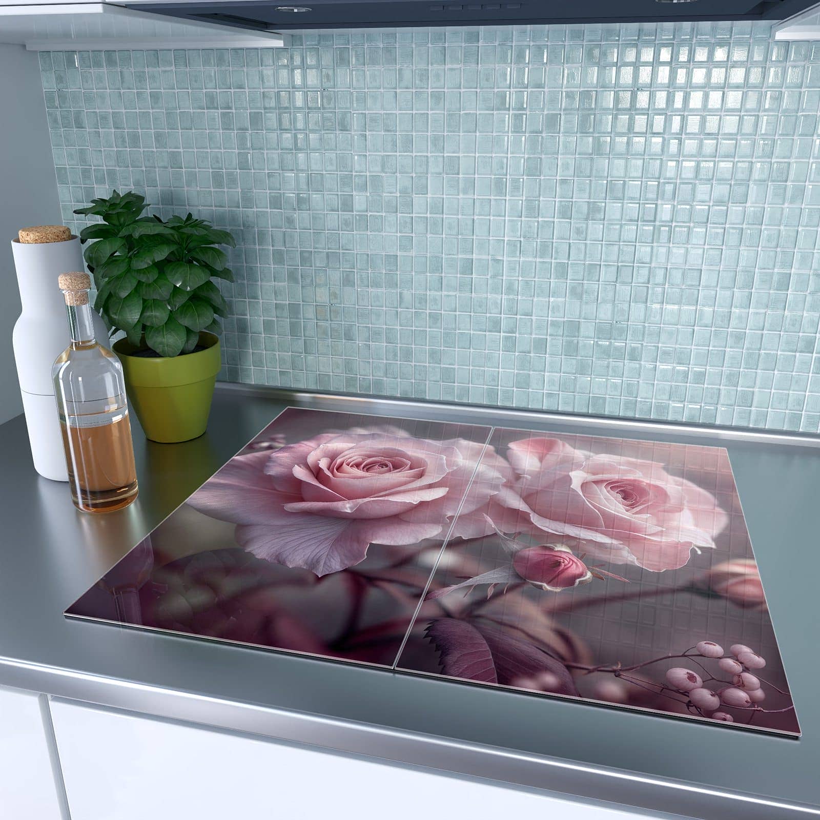 2-teilige Herdabdeckplatte mit Romantische Rosen-Motiv auf dem Ceranfeld