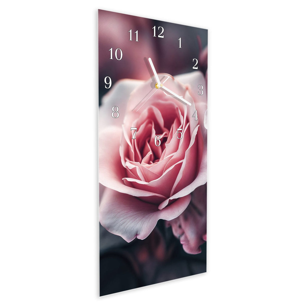 Vormontiert – mit Schwebeeffekt – Wanduhr Rosenblüten Duo aus Glas – Hochformat 30 × 60 cm