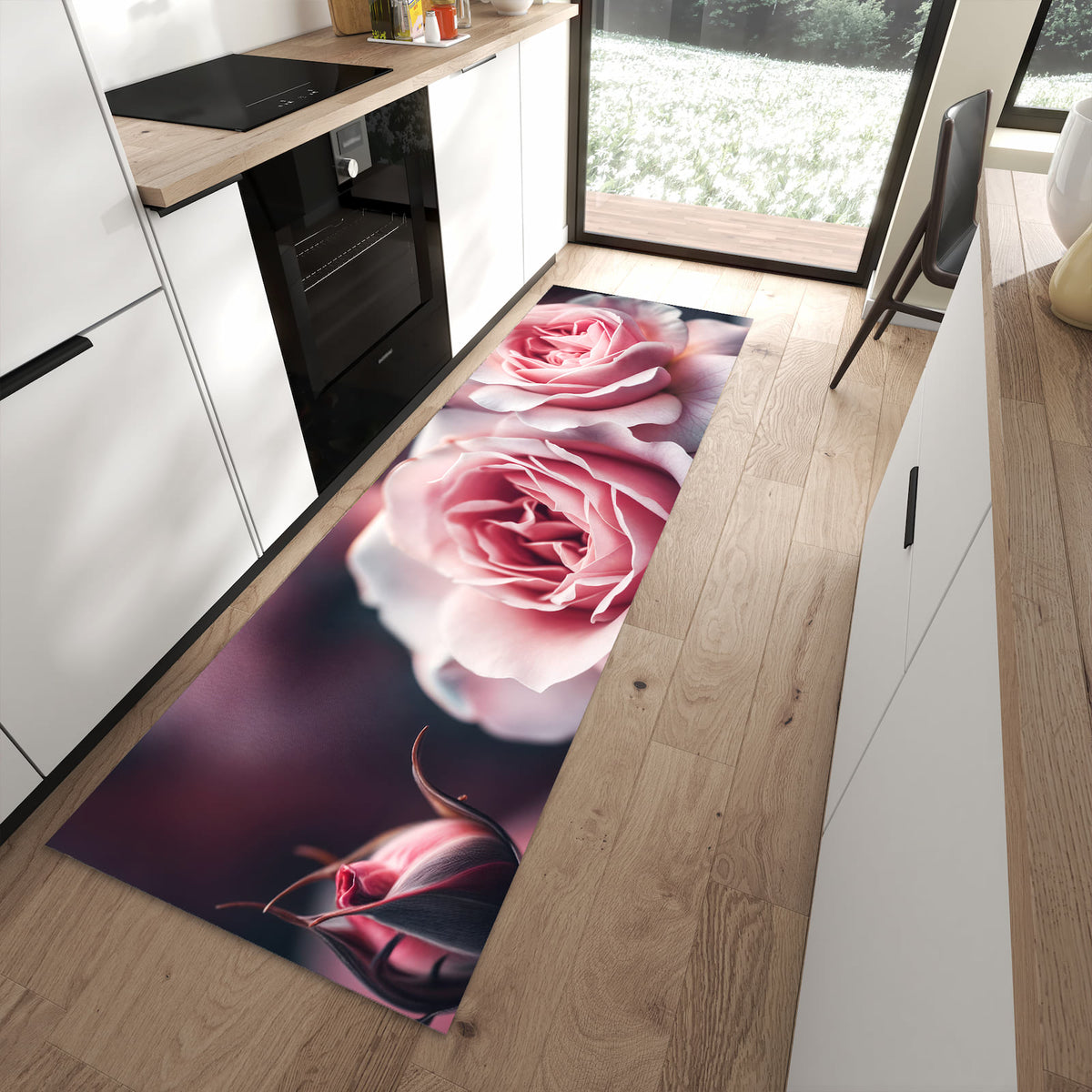 Waschbarer Küchenteppich mit Motiv Rosenblüten Duo in moderner Küche