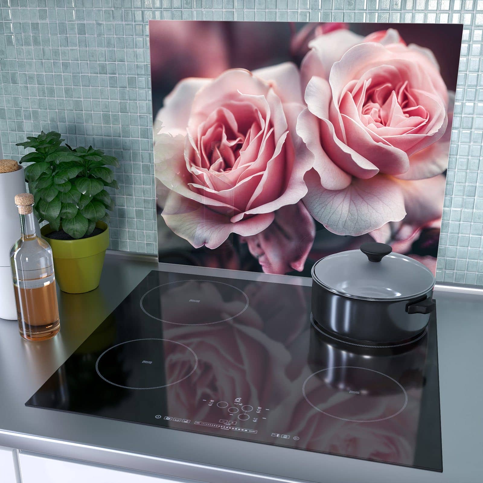1-teilige Abdeckplatten für Ceranfeld mit Rosenblüten Duo-Motiv als Spritzschutz hinter dem Kochfeld