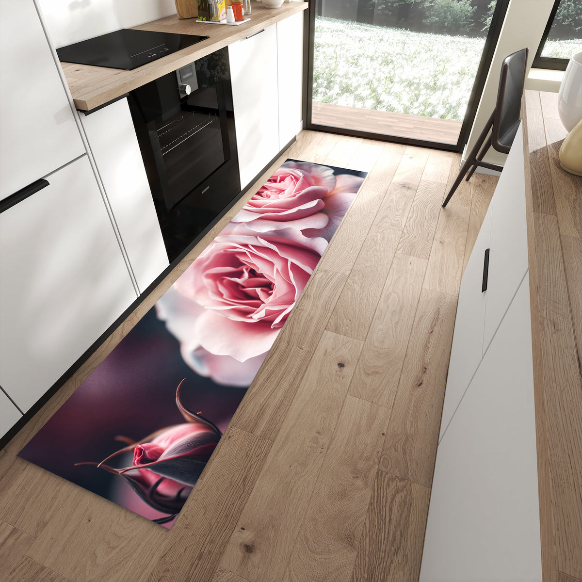 Rutschfester Küchenteppich mit Motiv Rosenblüten Duo in moderner Küche