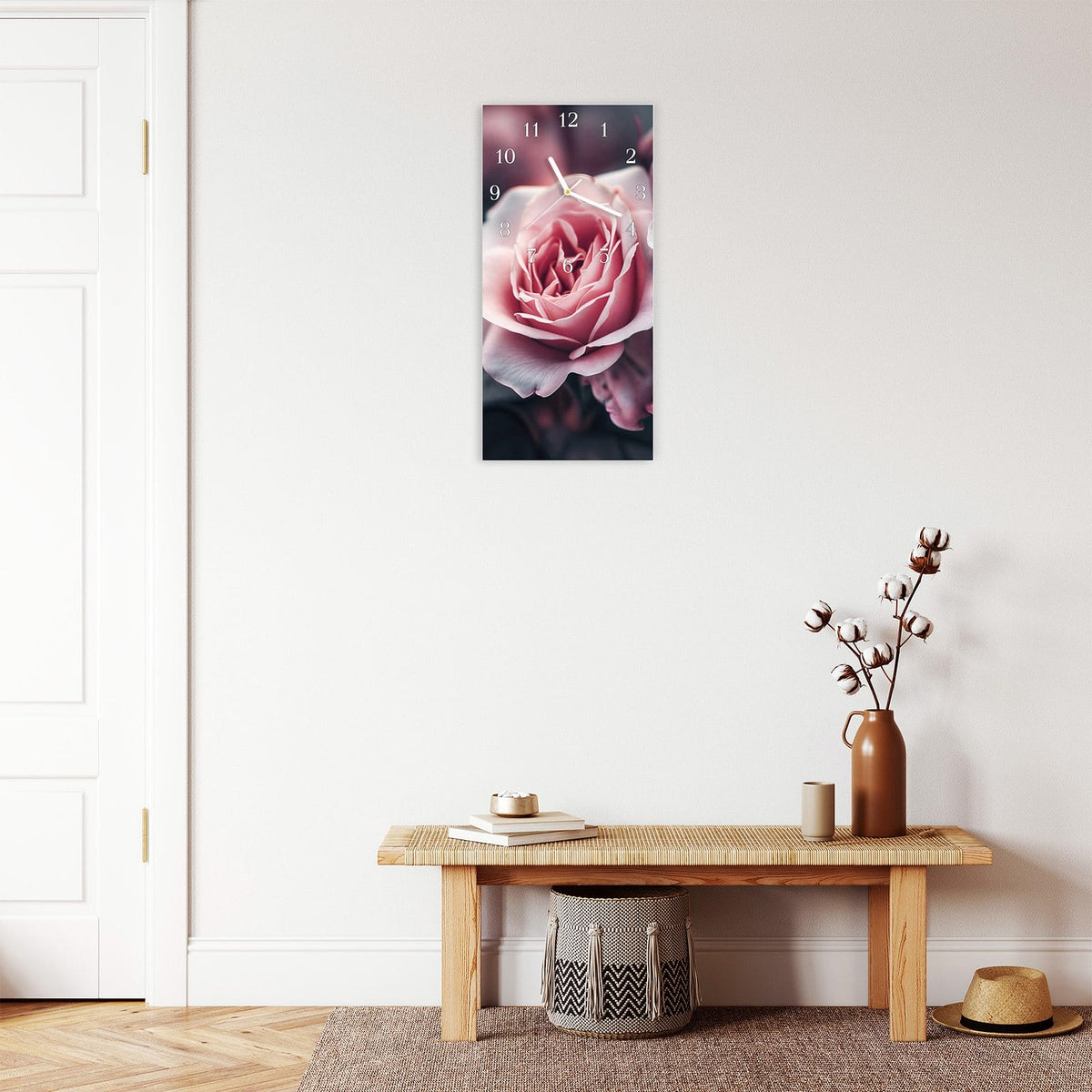 Moderne Wanduhr aus Glas mit Farbtiefe – Wanduhr Rosenblüten Duo aus Glas – Hochformat 30 × 60 cm