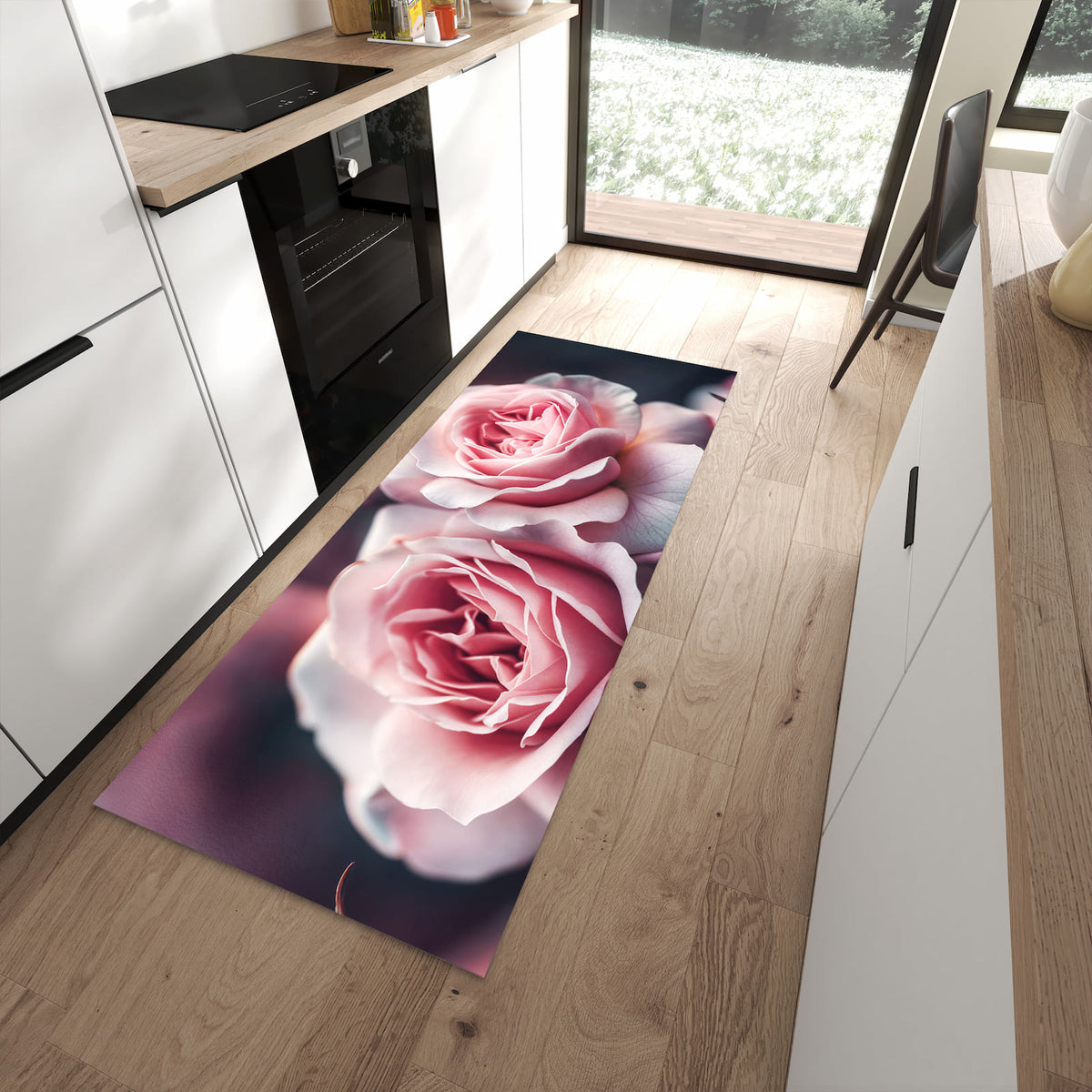 Strapazierfähiger rutschfester Küchenteppich mit Motiv Rosenblüten Duo in moderner Küche