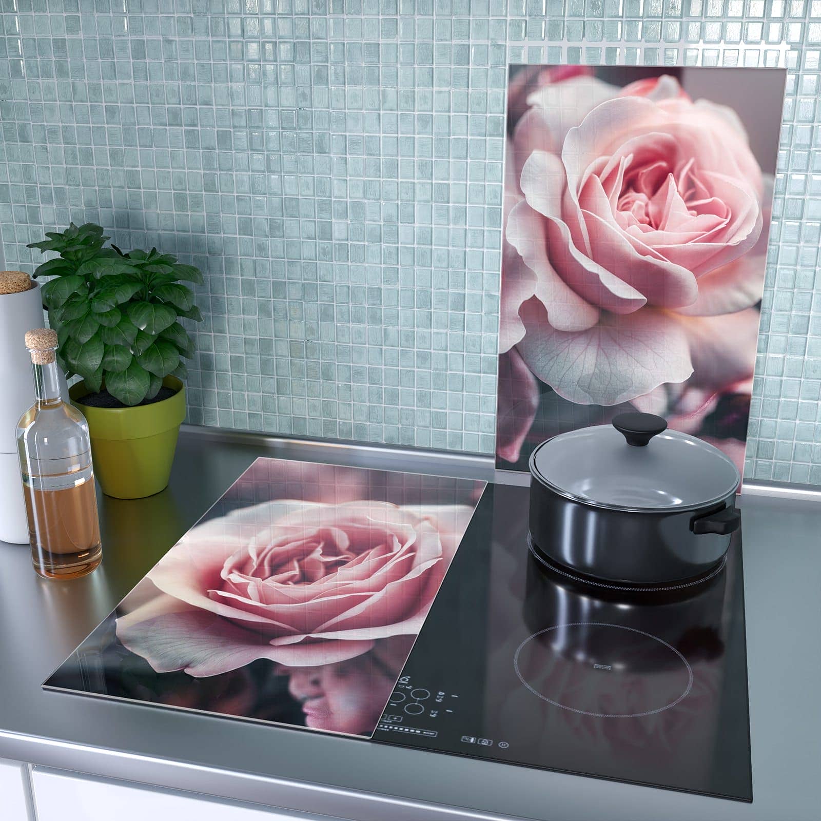 2-teilige Herdabdeckplatten für Ceranfeld mit Rosenblüten Duo-Motiv als Spritzschutz hinter dem Kochfeld