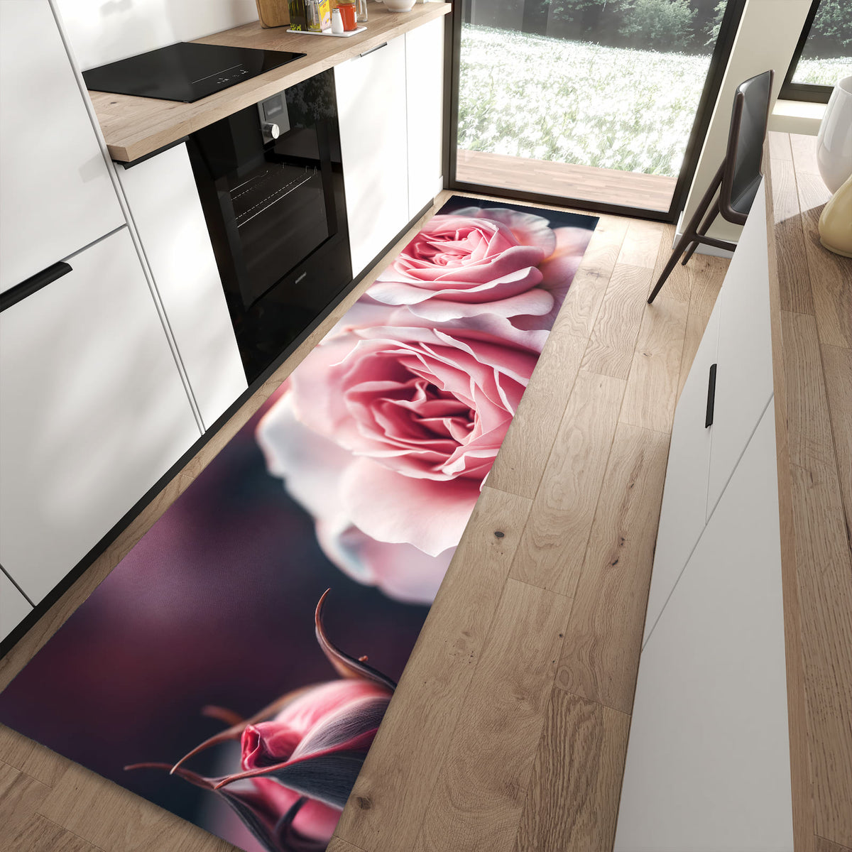 Rutschfester Küchenläufer mit Motiv Rosenblüten Duo in moderner Küche