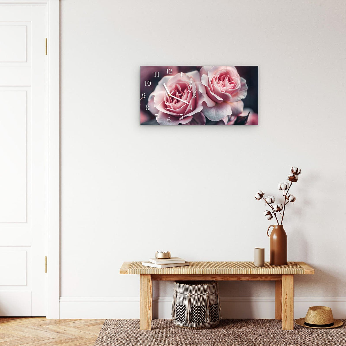 Moderne Wanduhr aus Glas mit Farbtiefe – Wanduhr Rosenblüten Duo aus Glas – Querformat 60 × 30 cm