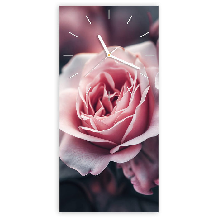 Wanduhr Rosenblüten Duo aus Glas – Hochformat 30 × 60 cm mit Ziffernblatt Linie