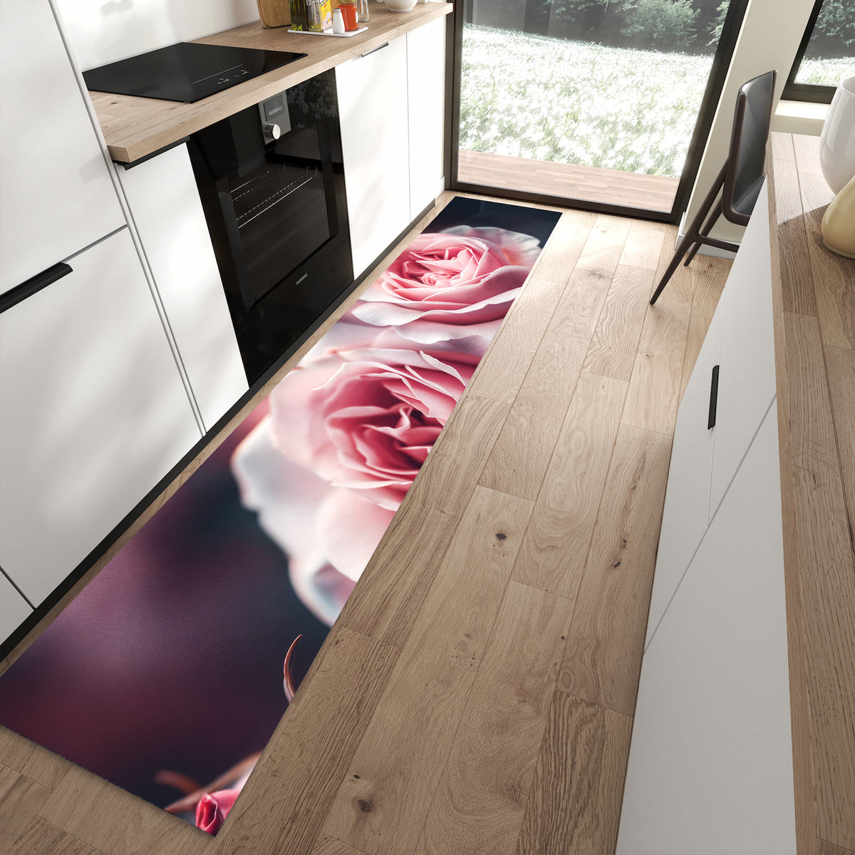 Küchenteppich mit Motiv Rosenblüten Duo für angenehmes Stehen in moderner Küche