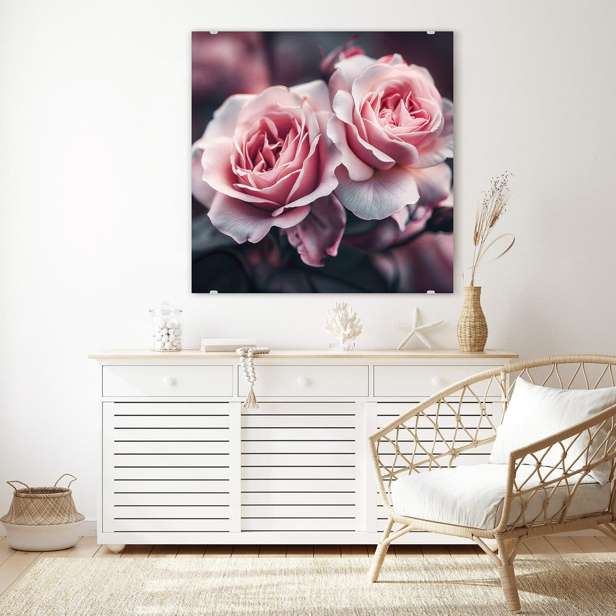 Echtglas, 4 mm – kein Acryl, keine Folie – Wandbild - Rosenblüten Duo - Quadratisch
