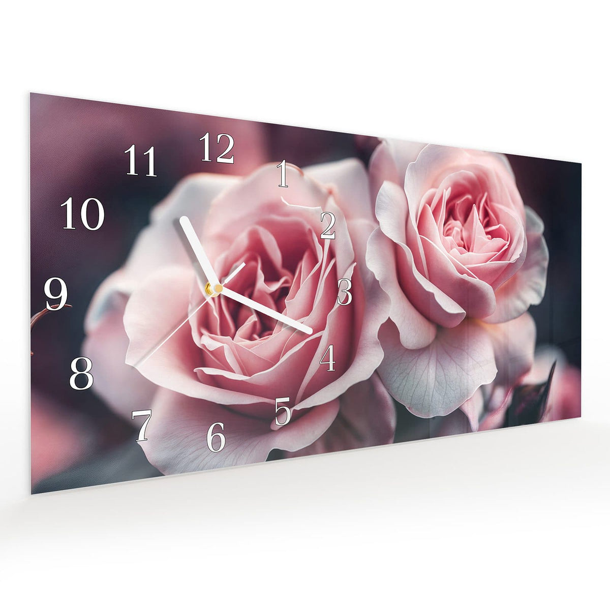 Vormontiert – mit Schwebeeffekt – Wanduhr Rosenblüten Duo aus Glas – Querformat 60 × 30 cm