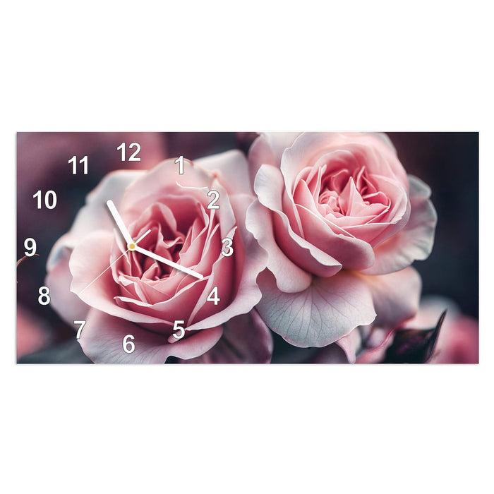 Wanduhr Rosenblüten Duo aus Glas – Querformat 60 × 30 cm mit Ziffernblatt Modern