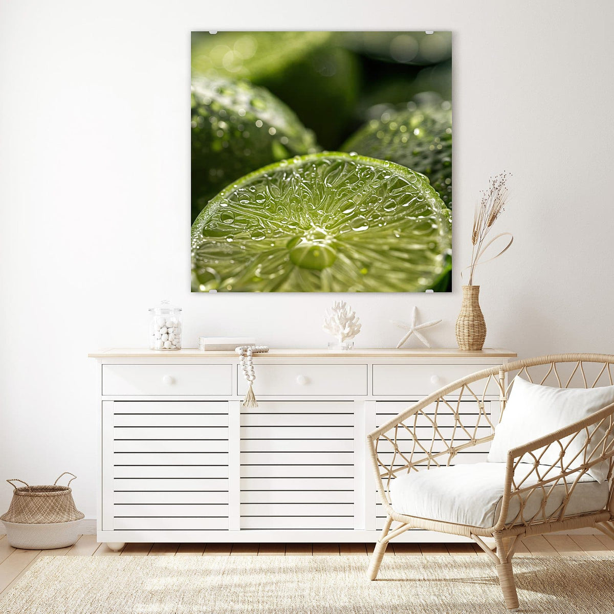 Glasbild Nasse Limettenscheibe an der Wand – Makro einer aufgeschnittenen Limettenhälfte voller Wassertropfen, dahinter unscharfe grüne Limetten
