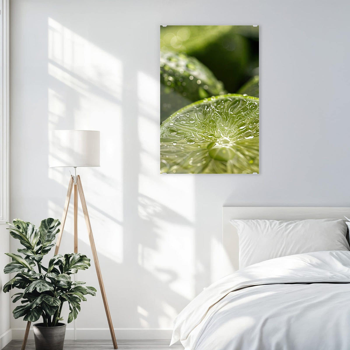 Glasbild Nasse Limettenscheibe an der Wand – Makro einer aufgeschnittenen Limettenhälfte voller Wassertropfen, dahinter unscharfe grüne Limetten