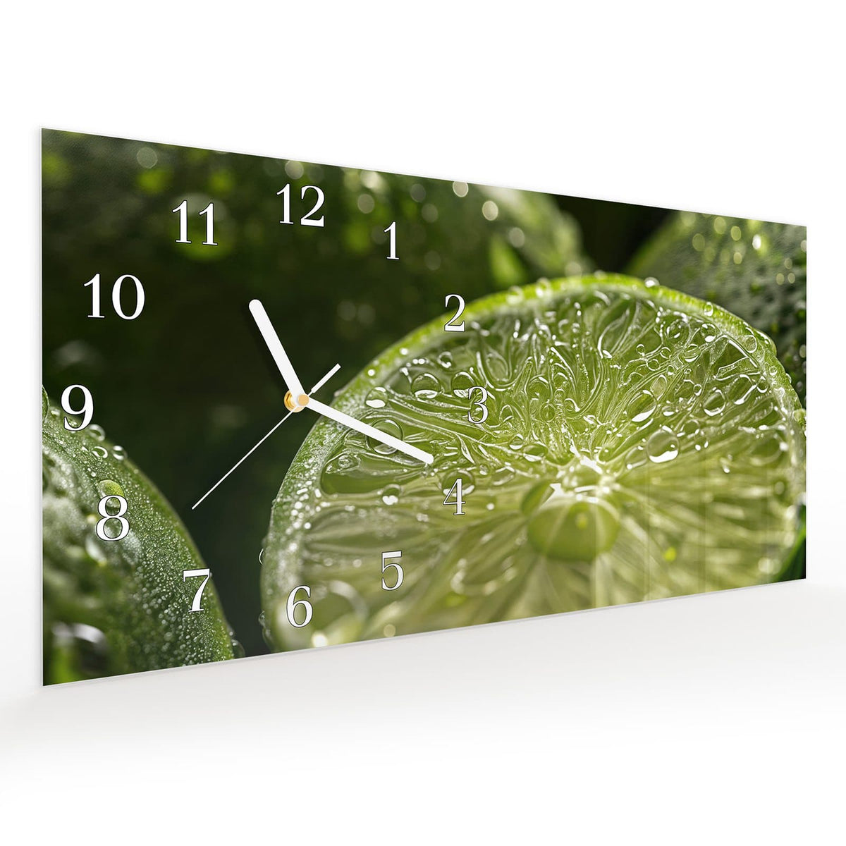 Vormontiert – mit Schwebeeffekt – Wanduhr Limetten mit Wassertropfen aus Glas – Querformat 60 × 30 cm