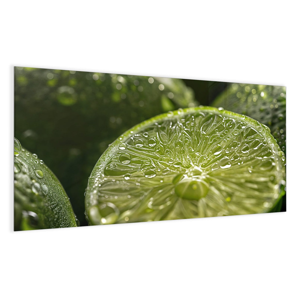 Makro einer aufgeschnittenen Limettenhälfte voller Wassertropfen, dahinter unscharfe grüne Limetten