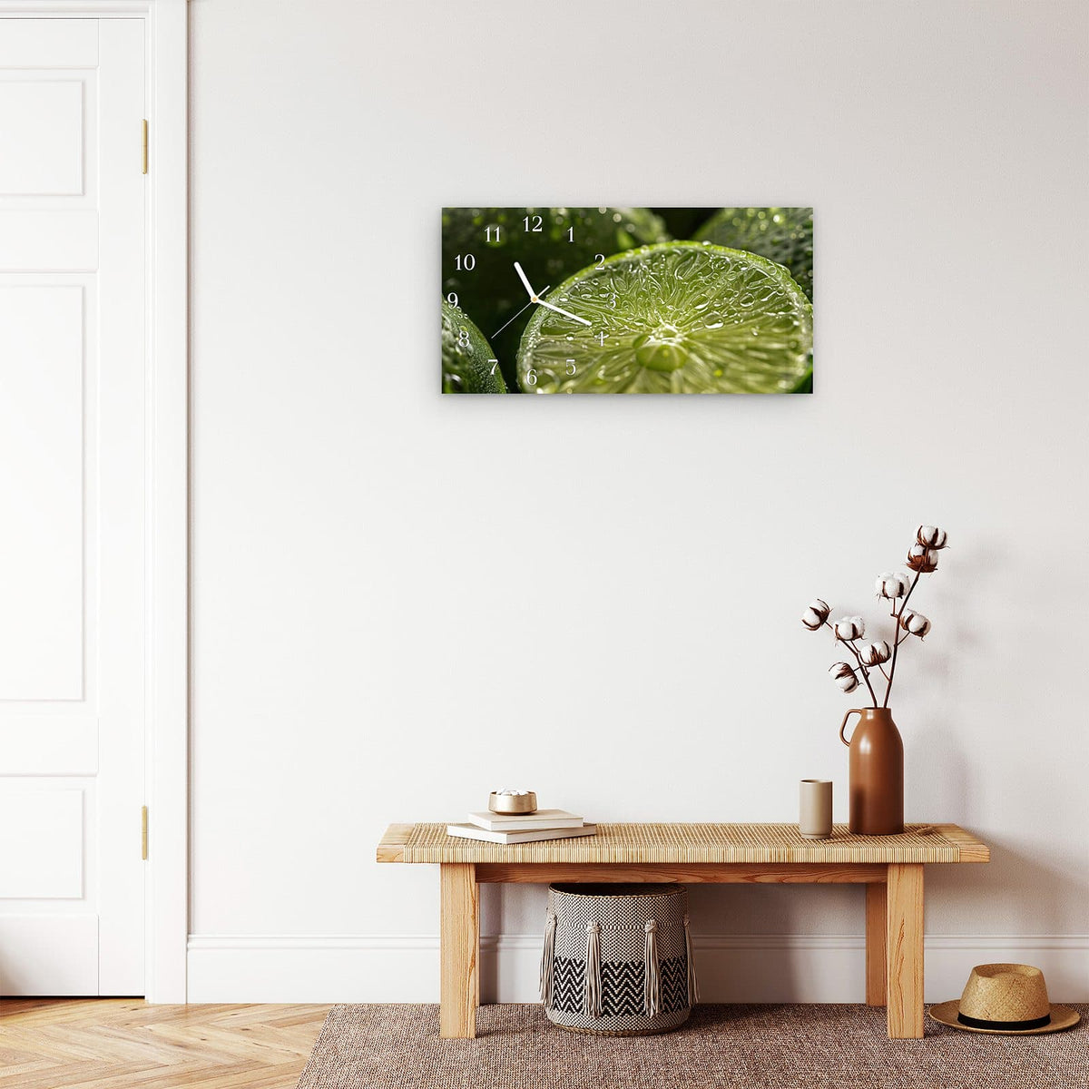 Moderne Wanduhr aus Glas mit Farbtiefe – Wanduhr Limetten mit Wassertropfen aus Glas – Querformat 60 × 30 cm