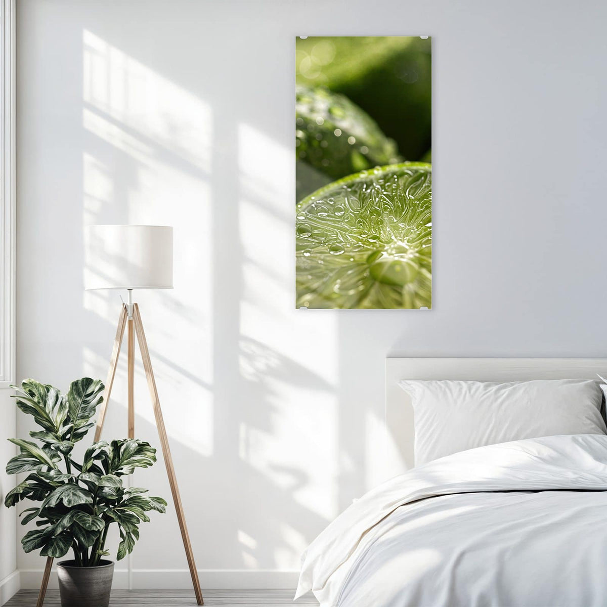 Glasbild Nasse Limettenscheibe an der Wand – Makro einer aufgeschnittenen Limettenhälfte voller Wassertropfen, dahinter unscharfe grüne Limetten
